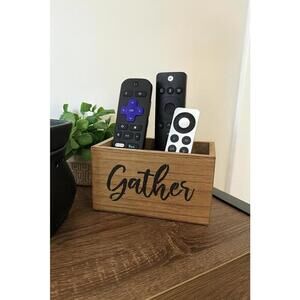 Handcrafted Wooden Remote Control Organizer Box with Gather Script